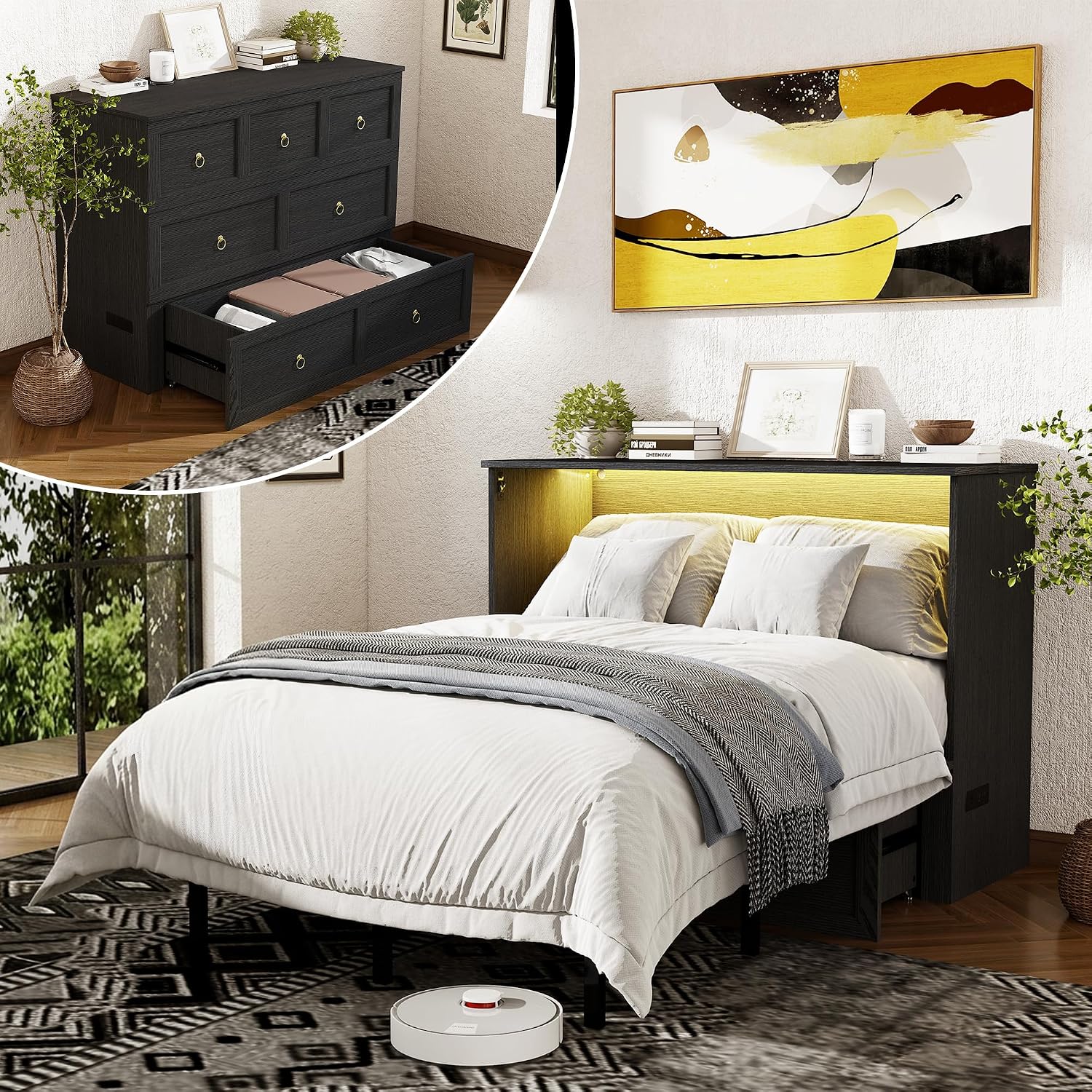 Office Furniture For Small Spaces - Murphy Bed Storage Drawer LED Lights,