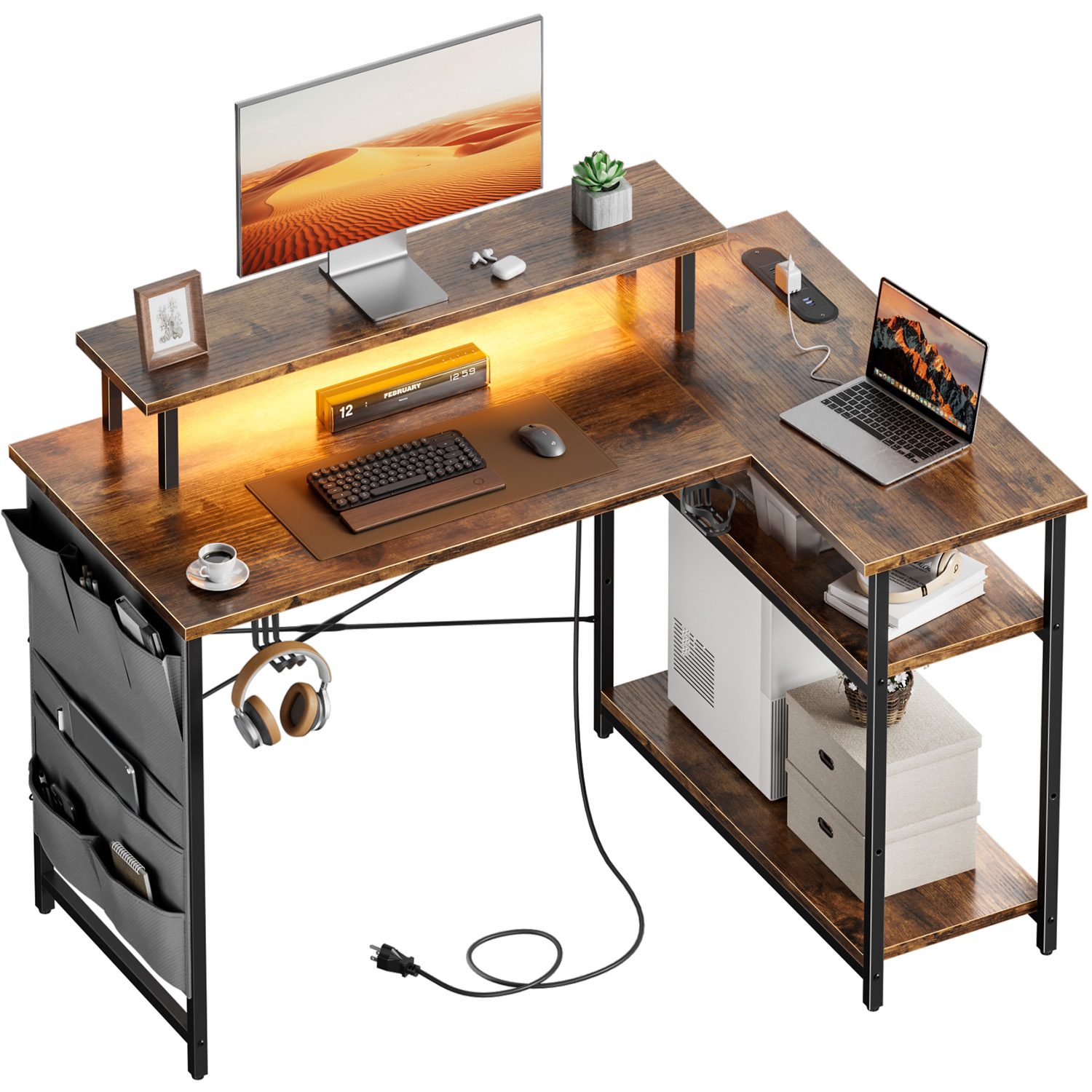 Office Furniture For Small Spaces - L-Shaped Computer Desk, Featuring Power Outlets