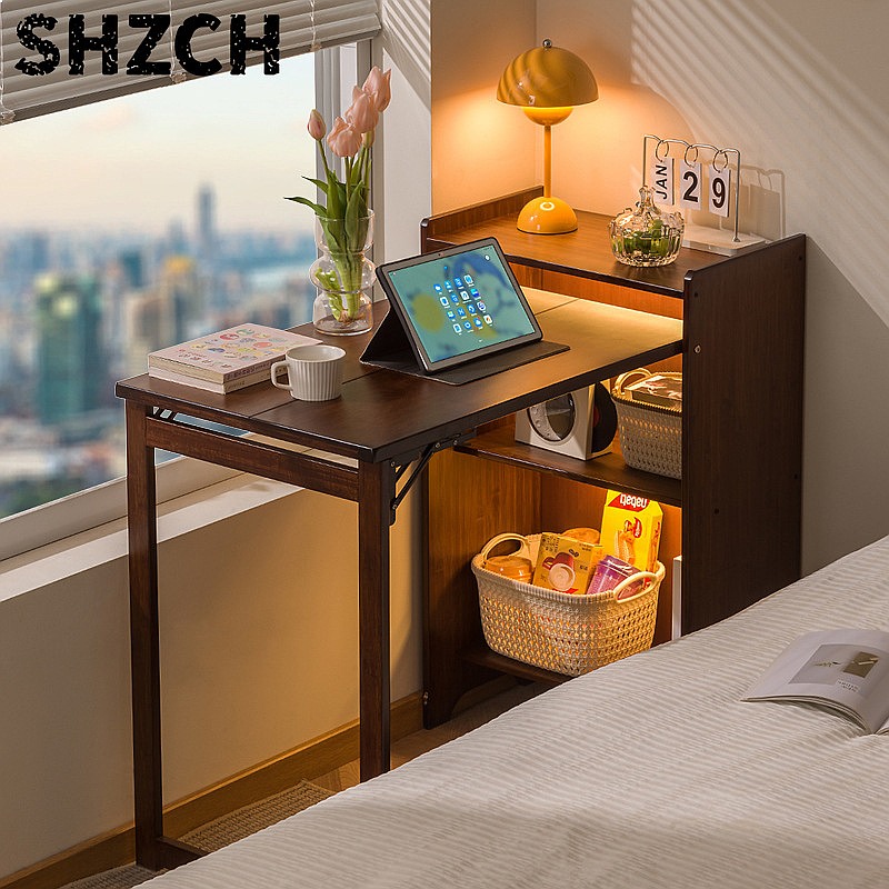 Office Furniture For Small Spaces - Bamboo Folding Desk with Bookshelf Multi-Functional